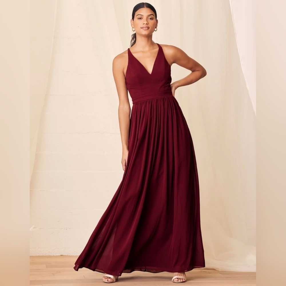Lulus Love Spell Burgundy Lace-Back Maxi Dress NWT